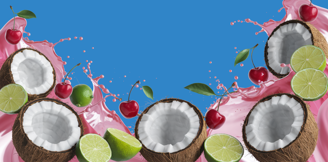 Light blue banner with pink splashes, half open coconuts, cherries and sliced limes
