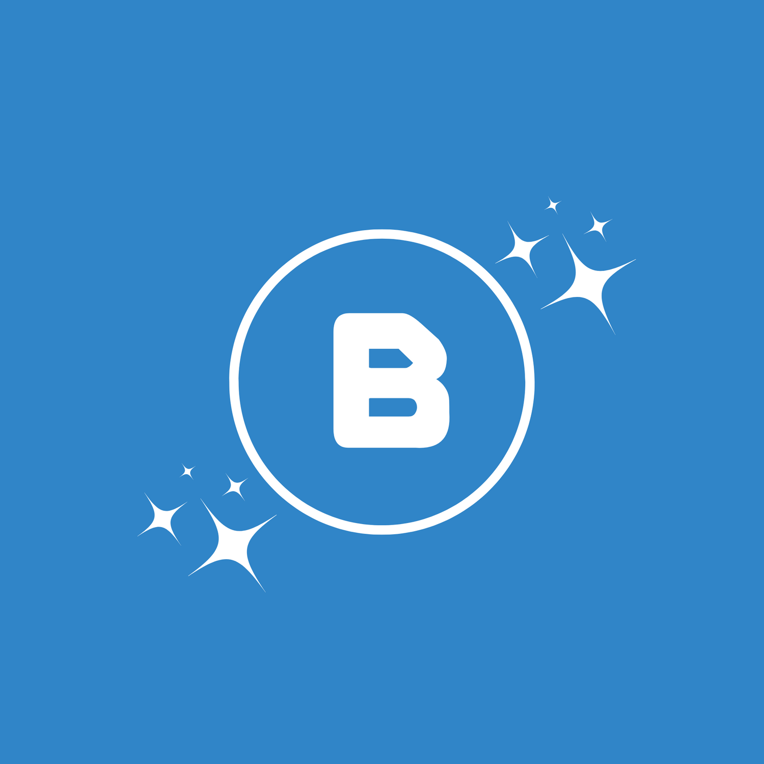 Blue background, white outline showing the letter B inside of a circle