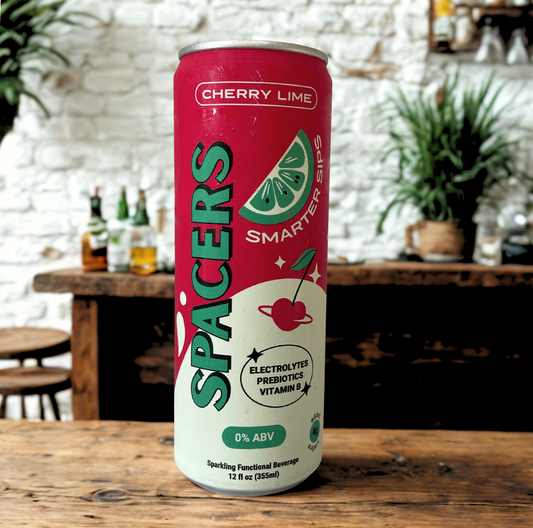 Spacers Cherry Lime 12 oz slim can displayed on a rustic wooden bar with a white brick wall and green plants in the background. The vibrant red and mint can features “0% ABV” and highlights electrolytes, prebiotics, and vitamin B—perfect for health-conscious and sober curious consumers seeking a functional, non-alcoholic drink.
