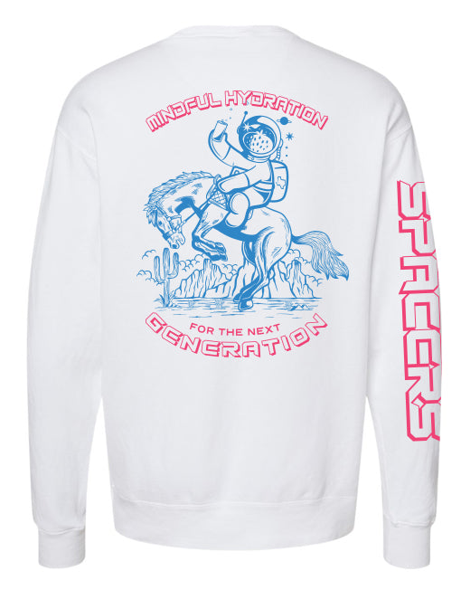 Back of white sweatshirt with text 'Mindful hydration for the next generation' and an illustration of a cowboy drinking a can while riding a bucking bronco.