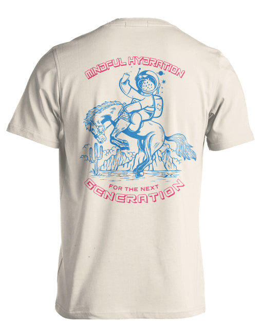 Back of ivory t-shirt with text 'Mindful hydration for the next generation' and an illustration of a cowboy drinking a can while riding a bucking bronco.