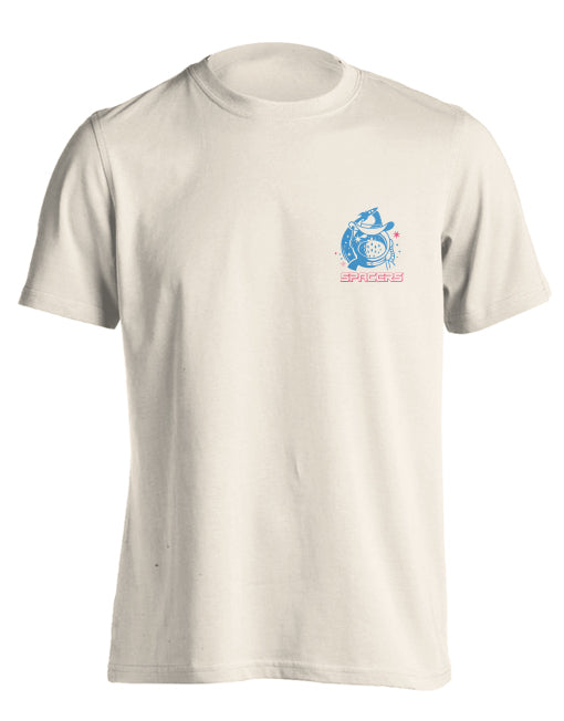 Ivory t-shirt with an astronaut wearing a cowboy hat and the SPACERS logo underneath on the front