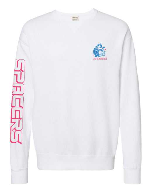 White sweatshirt with an astronaut wearing a cowboy hat and the SPACERS logo underneath on the front, and SPACERS text on the right sleeve.