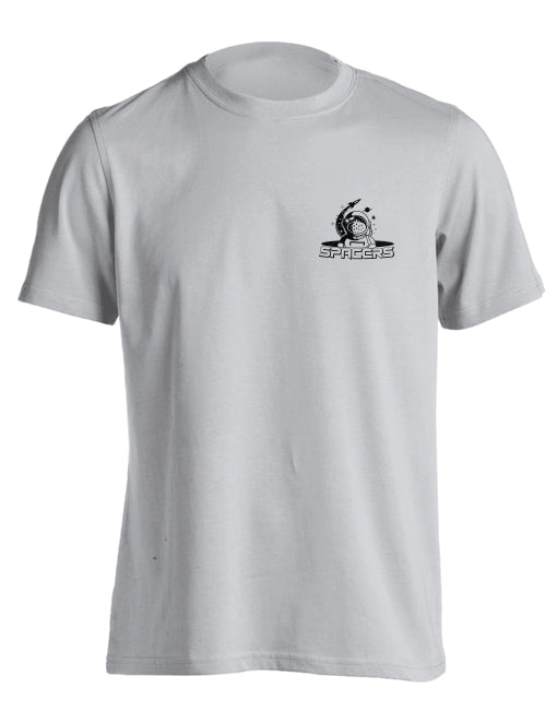 Front of gray t-shirt with an astronaut and the SPACERS logo underneath.