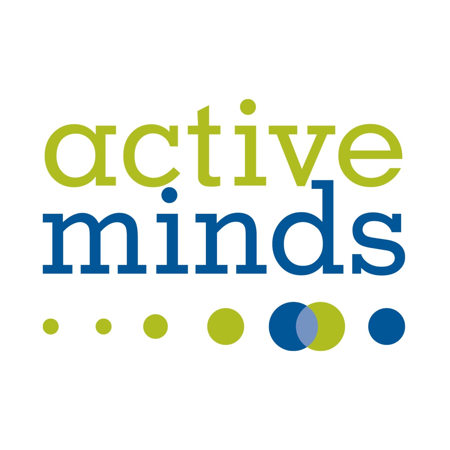 Logo for active minds organization in green and blue font with several circles