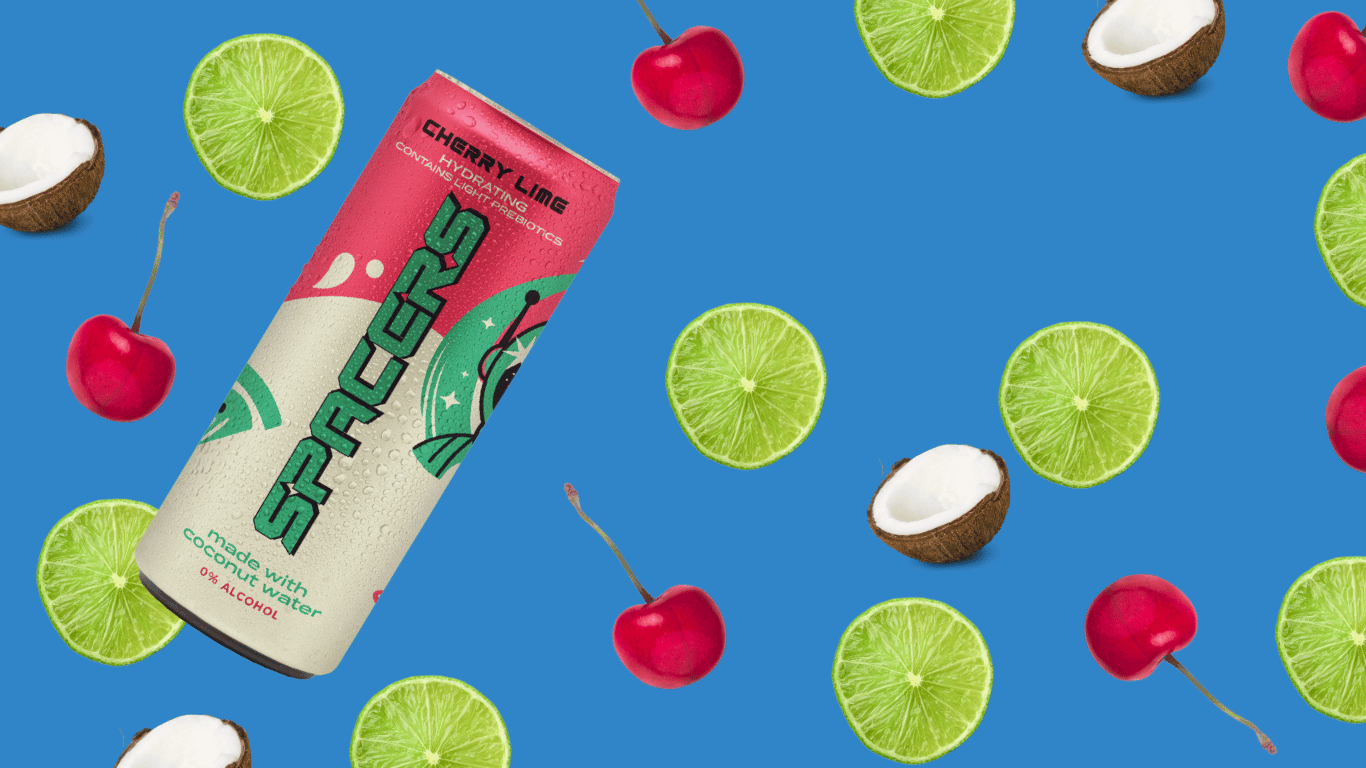 Can of SPACERS on a blue background with cherries, coconuts, and limes.