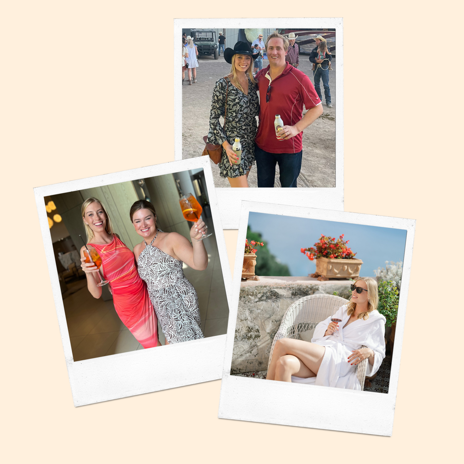 Three photos of the founder. In first photo she is posing with her husband, in second photo she is standing with an aperol spritz as they cheers, in third photo she is sitting in a bathrobe outside sipping a glass of wine