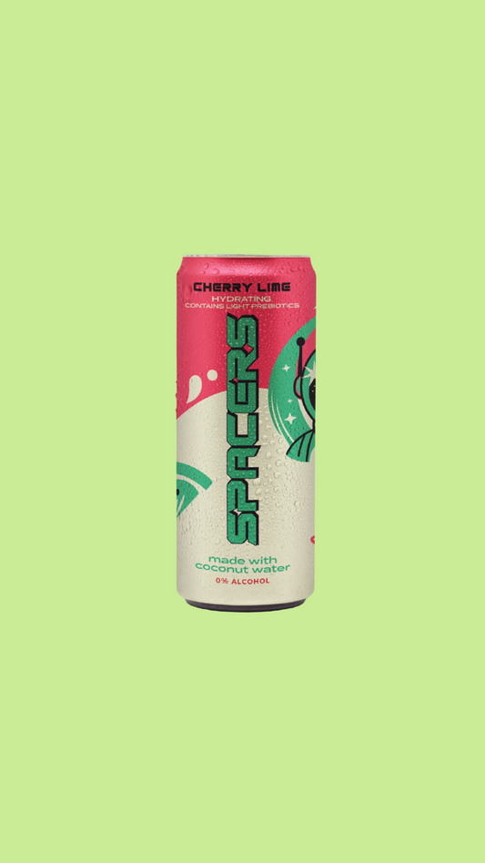 SPACERS cherry lime non-alcoholic beverage can with astronaut, hydrates and contains light prebiotics.